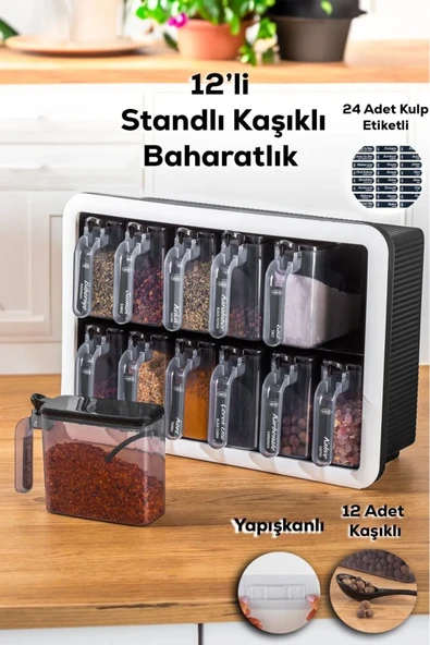 Buclee Simple Standlı 12'Li Kendinden Yapışkanlı Kaşıklı Kapaklı Baharatlık Takımı-Etiketli Baharatlık - 1