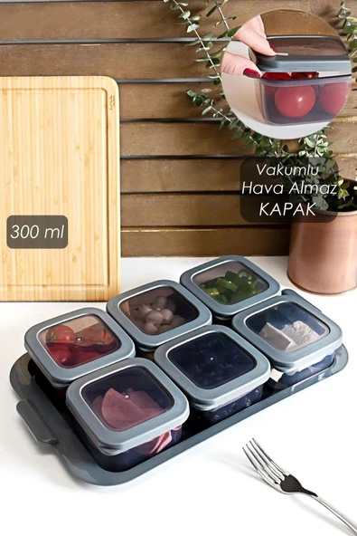 Buclee 7 Parça Tepsili Kahvaltı Seti Hava Almaz Silikon Kapaklı Saklama Kapları - 2