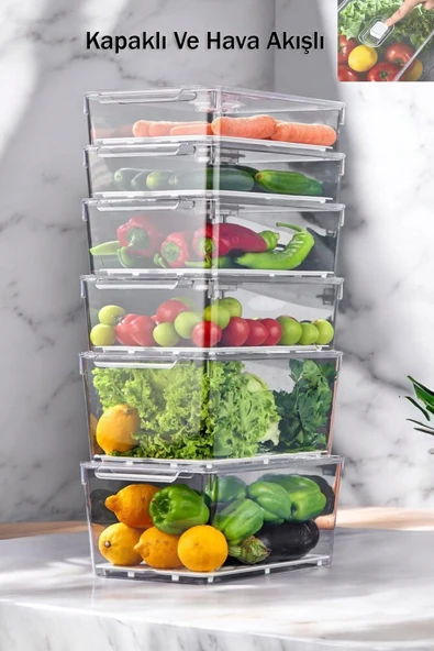 Buclee Dalia 6'lı 12 Parça Kapaklı Buzdolabı Düzenleyici, dolap İçi Düzenleyici, organizer, Saklama Kabı ürün görseli 1