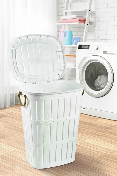 violet 65 Litre Bambu Desenli Çamaşır Sepeti, Halat Kulplu, Beyaz Renk