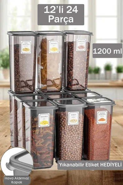 Buclee Emilia 12'li 24 Parça Etiketli Kapaklı Kare Erzak Saklama Kabı Antrasit 12 X 1.2 Lt Bakliyat Kabı ürün görseli 1