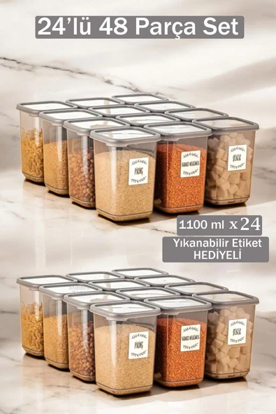 Buclee Mina 24'lü 48 Parça Erzak Ve Bakliyat Saklama Kabı Mutfak Ve Kiler Düzenleyici Set 24 X 1.10 Lt ürün görseli 1