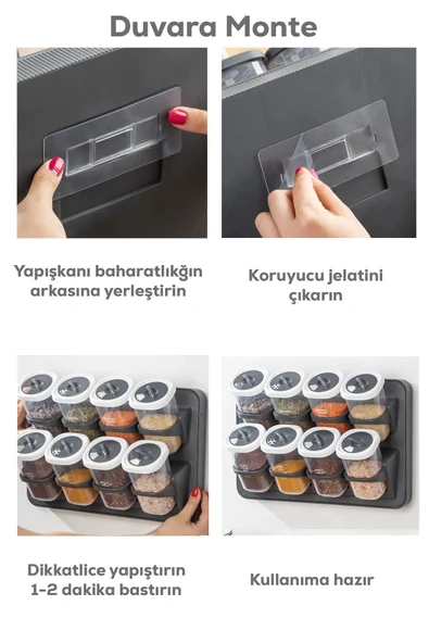 Buclee Henna 8li Etiketli Asmalı Kendinden Yapışkanlı Tezgah Üstü Standlı Döner Kapaklı Baharatlık Seti - Resim 5