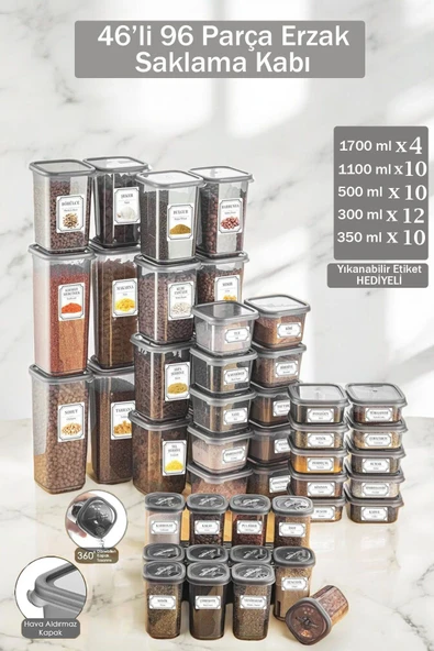 Buclee 46Parça 96'lı Kare Erzak Saklama Kabı Seti Etiketli Baharatlık Seti Komple Mutfak Düzenleyici ürün görseli 1