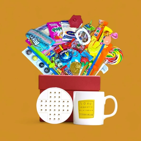 Nostalji Dolu Kırmızı Hediye Kutusu ve Soru Sormayın Bilmiyorum Teşekkürler Baskılı Kupa Bardak