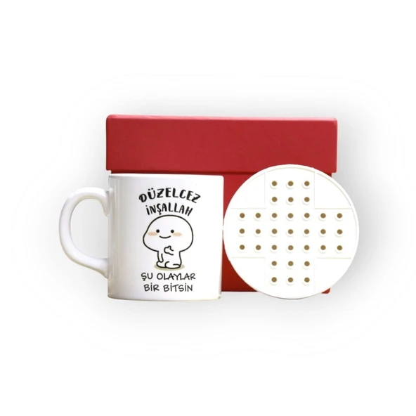 Retro Lezzetler ve Sürprizlerle Dolu Kırmızı Hediye Kutusu ve Düzelcez İnşallah Şu Olaylar Bir Bitsin Yazılı Kupa Bardak - 3