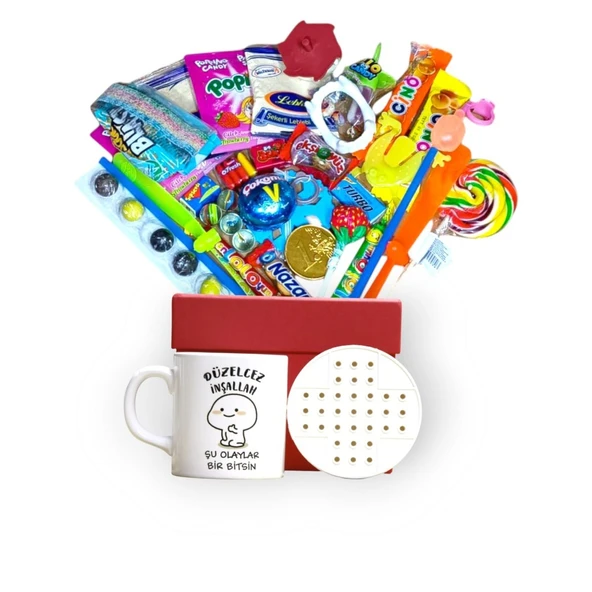 Retro Lezzetler ve Sürprizlerle Dolu Kırmızı Hediye Kutusu ve Düzelcez İnşallah Şu Olaylar Bir Bitsin Yazılı Kupa Bardak - 2