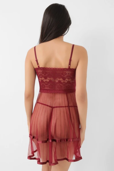 Bordo Şifon Pileli Gecelik-835 - Resim 4