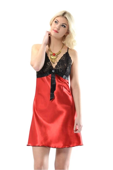 Kırmızı Dantelli Saten Gecelik - Resim 3