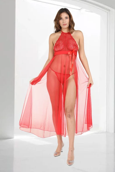 Kırmızı Dantelli Tül Gecelik ürün görseli