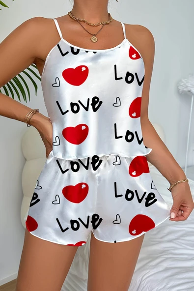 Love Desenli Saten Şortlu Gecelik - Resim 2