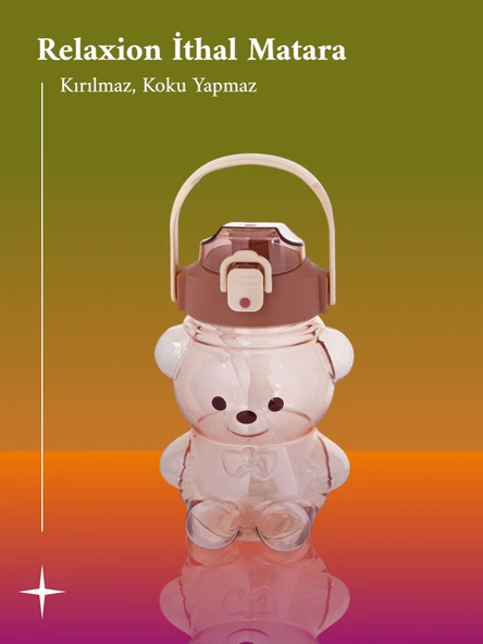 Relaxion Boyun Askılıklı, Hediyeli, İthal Lüx Kahverengi Ayıcıklı Matara 1100 Ml (449) - 2