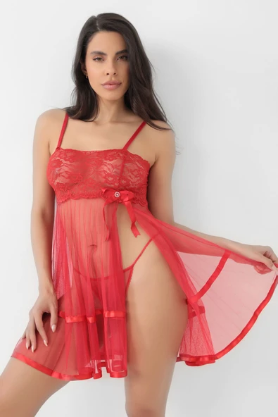 Kırmızı Şifon Pileli Gecelik-835 ürün görseli