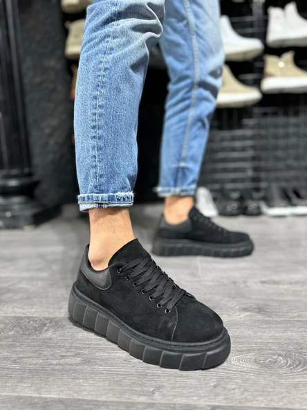 Yüksek Taban Günlük Süet Ayakkabı Siyah (Siyah Taban) ürün görseli