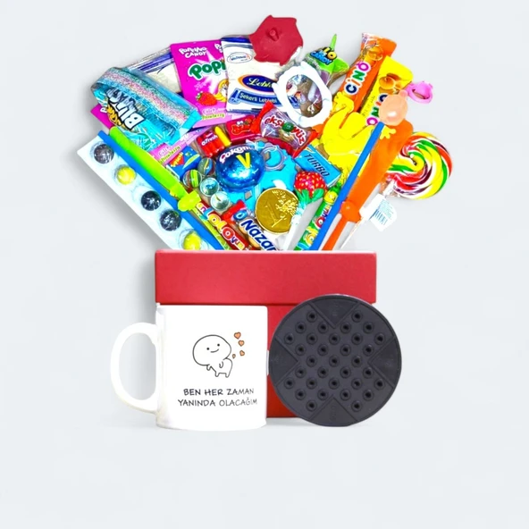 Geçmişin İzlerini Taşıyan İçerikli Kırmızı Hediye Kutusu ve Ben Her Zaman Yanında Olacağım Yazılı Kupa Bardak