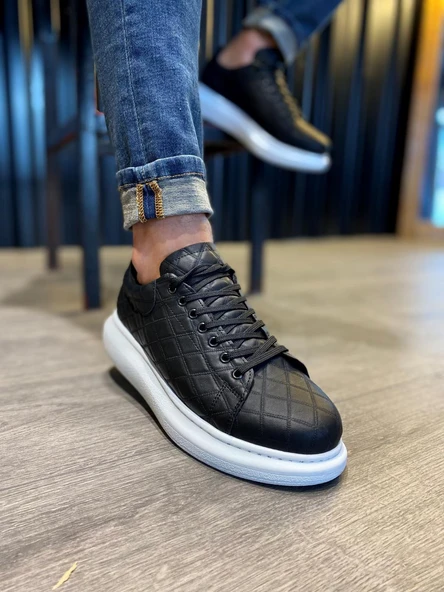 Yüksek Taban Günlük Ayakkabı KAPİTONE Siyah (Beyaz Taban) - Resim 3