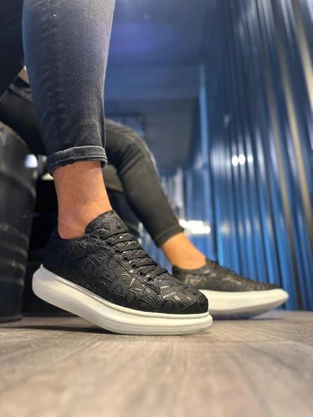 Yüksek Taban Harf Desenli Günlük Ayakkabı Siyah (Beyaz Taban) - Resim 2