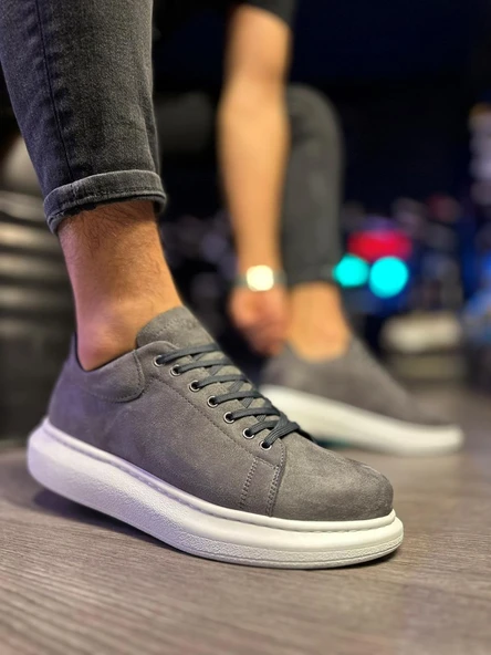 Yüksek Taban Günlük Ayakkabı Gri Süet (Beyaz Taban) - Resim 4