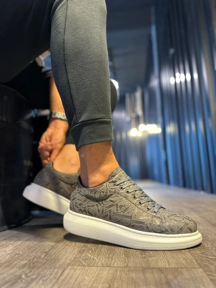 Yüksek Taban Harf Desenli Günlük Ayakkabı Gri - Resim 4