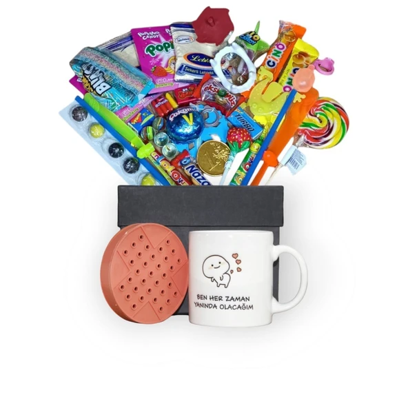 Nostaljik Sürprizlerle Dolu Siyah Hediye Kutusu ve Ben Her Zaman Yanında Olacağım Baskılı Kupa Bardak - 2