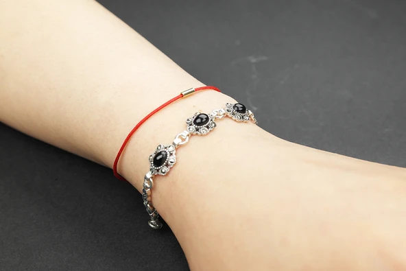 Siyah İnci 925 Ayar Oltu Taşlı Gümüş Bileklik - 2