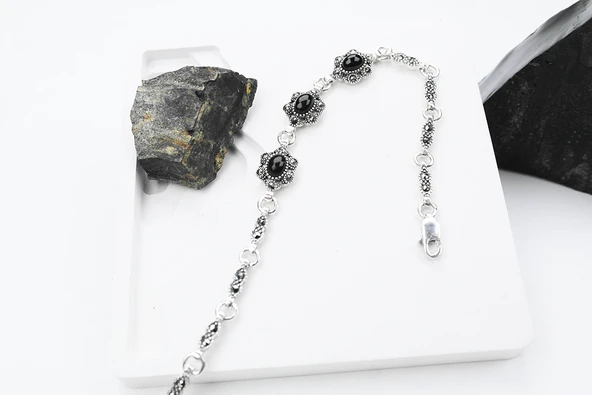 Siyah İnci 925 Ayar Oltu Taşlı Gümüş Bileklik