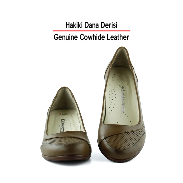 Erkan Saçmacı Sarah Kahverengi Hakiki Dana Derisi Delik Detaylı Kalın Topuklu Günlük Klasik Ayakkabı - Resim 4