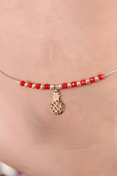 Kırmızı Renk Miyuki Taşlı Ananas Figürlü Metal Hal Hal - 2