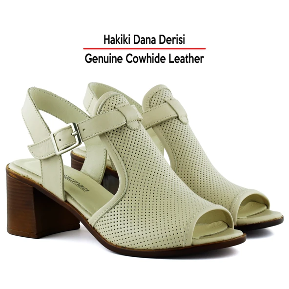 Erkan Saçmacı Elena Bej Hakiki Dana Derisi Delik Detaylı Kalın Topuklu Günlük Sandalet - 3