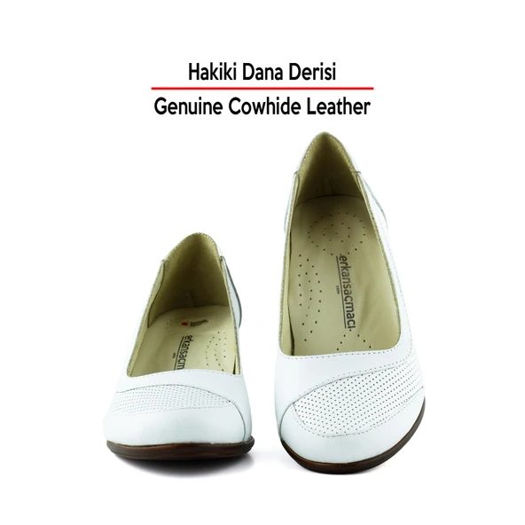 Erkan Saçmacı Sarah Beyaz Hakiki Dana Derisi Delik Detaylı Kalın Topuklu Günlük Klasik Ayakkabı - Resim 4