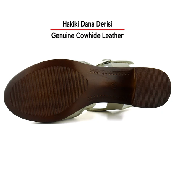 Erkan Saçmacı Elena Bej Hakiki Dana Derisi Delik Detaylı Kalın Topuklu Günlük Sandalet - 6