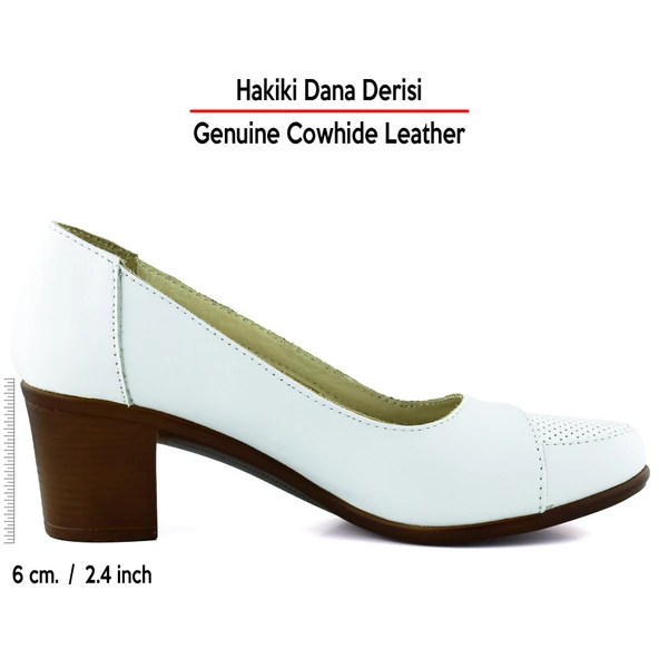 Erkan Saçmacı Sarah Beyaz Hakiki Dana Derisi Delik Detaylı Kalın Topuklu Günlük Klasik Ayakkabı - Resim 2