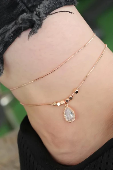 Rose Gold Renk Zirkon Damla Taşlı Halhal - 2