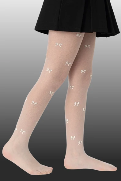 1'li Kız Çocuk İnce Kurdele Desenli Külotlu Çorap Pembe - Resim 4