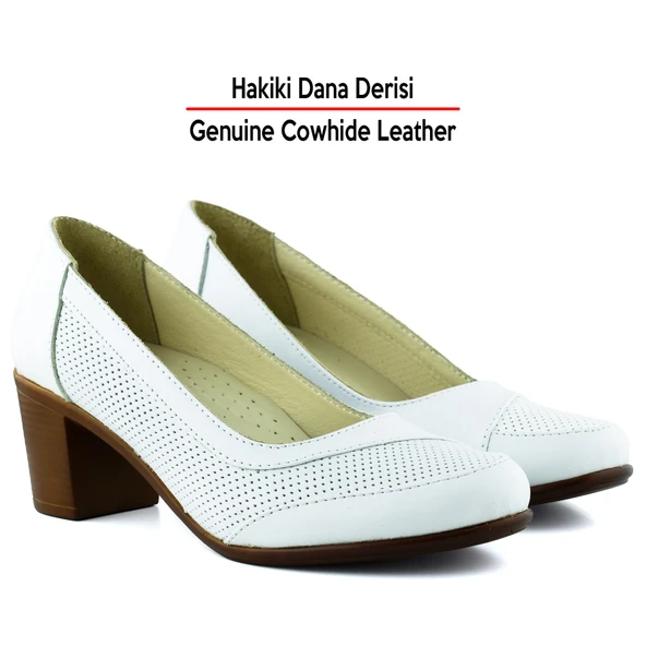 Erkan Saçmacı Sarah Beyaz Hakiki Dana Derisi Delik Detaylı Kalın Topuklu Günlük Klasik Ayakkabı - Resim 3
