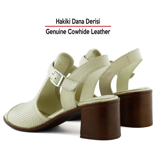 Erkan Saçmacı Elena Bej Hakiki Dana Derisi Delik Detaylı Kalın Topuklu Günlük Sandalet - 5