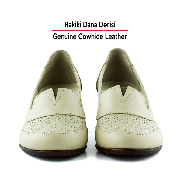 Erkan Saçmacı Madre Bej Hakiki Dana Derisi Vintage Kalın Topuklu Günlük Klasik Ayakkabı - 4