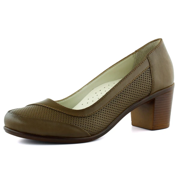 Erkan Saçmacı Sarah Kahverengi Hakiki Dana Derisi Delik Detaylı Kalın Topuklu Günlük Klasik Ayakkabı ürün görseli