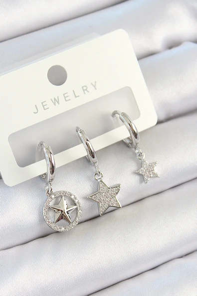 Pirinç Zirkon Taşlı Yıldız Model Gümüş Renk 3'lü Çift Kadın Küpe Set - EBJ250705W36192 ürün görseli 1