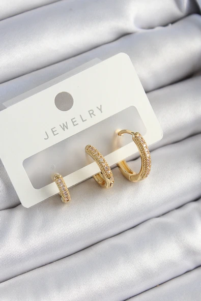 Pirinç Zirkon Taşlı Halka Model Gold Renk 3'lü Çift Kadın Küpe Set - EBJ250705W36215 ürün görseli