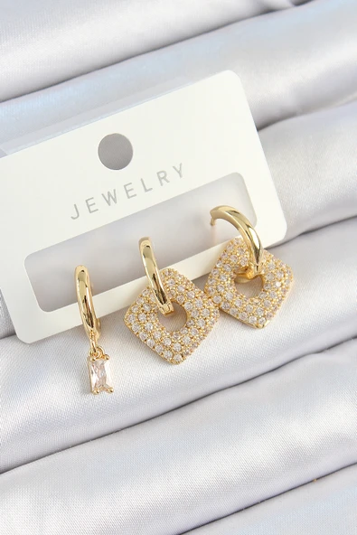 Pirinç Zirkon Taşlı Kare Model Gold Renk 3'lü Çift Kadın Küpe Set - EBJ250705W36204 ürün görseli