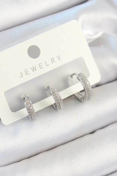 Pirinç Zirkon Taşlı Halka Model Gümüş Renk 3'lü Çift Kadın Küpe Set - EBJ250705W36195 ürün görseli
