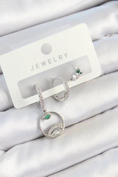 Pirinç Zirkon Taşlı Göz Ve Baykuş Model Gümüş Renk 3'lü Çift Kadın Küpe Set - EBJ250705W36178 ürün görseli