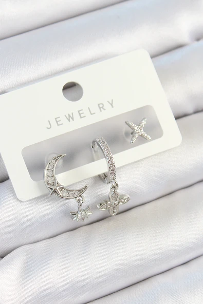 Pirinç Zirkon Taşlı Çiçek Ve Ay Model Gümüş Renk 3'lü Çift Kadın Küpe Set - EBJ250705W36187 ürün görseli