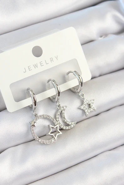 Pirinç Zirkon Taşlı Ay Ve Yıldız Model Gümüş Renk 3'lü Çift Kadın Küpe Set - EBJ250705W36180 ürün görseli