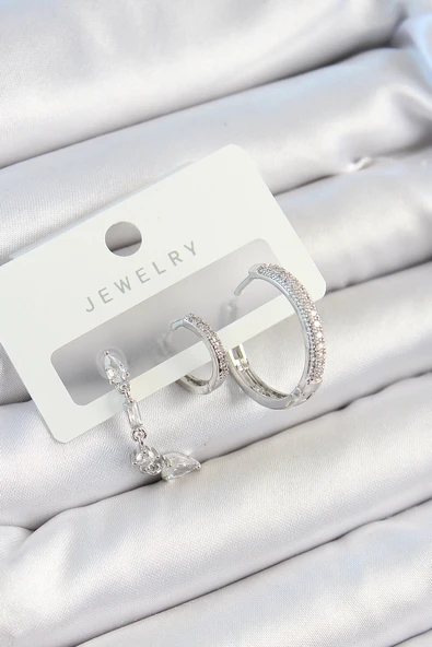 Pirinç Zirkon Taşlı Sallantılı Model Gümüş Renk 3'lü Çift Kadın Küpe Set - EBJ250705W36172 ürün görseli