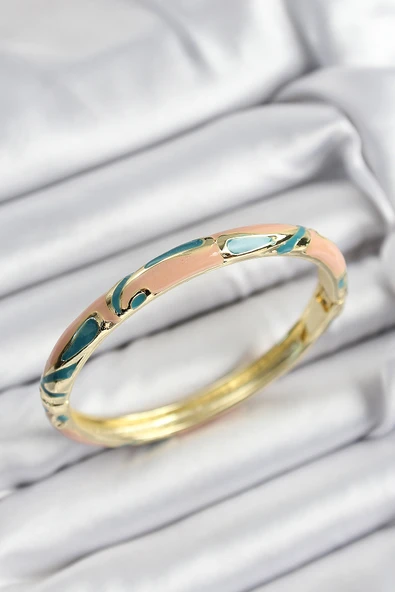 Mineli Pirinç Krem Ve Yeşil Mermer Motifli Gold Renk Kadın Kelepçe - EBJ250705W36464 ürün görseli