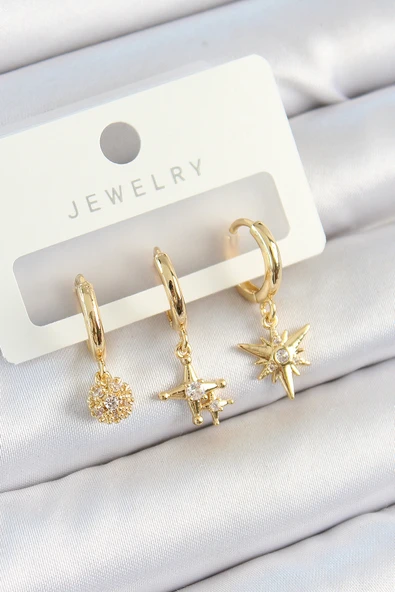 Pirinç Zirkon Taşlı Yıldız Model Gold Renk 3'lü Çift Kadın Küpe Set - EBJ250705W36201 ürün görseli