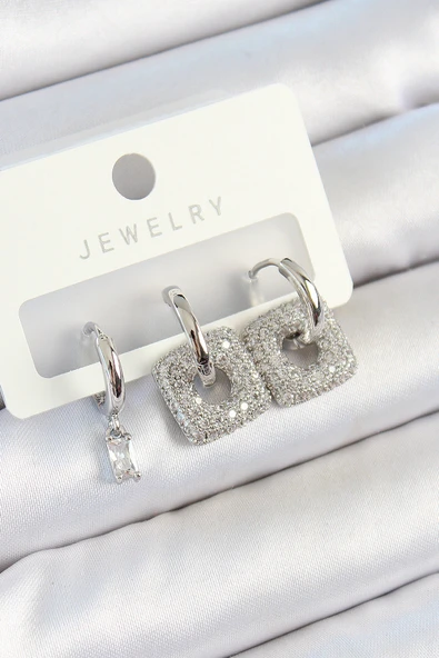 Pirinç Zirkon Taşlı Kare Model Gümüş Renk 3'lü Çift Kadın Küpe Set - EBJ250705W36189 ürün görseli