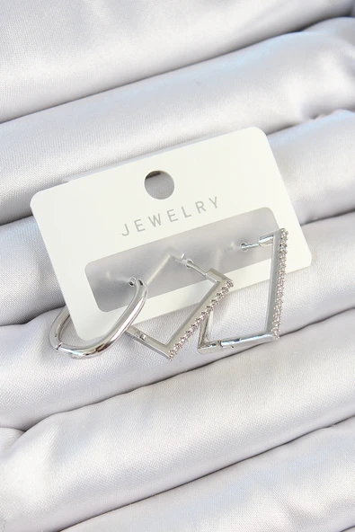 Pirinç Zirkon Taşlı Dikdörtgen Model Gümüş Renk 3'lü Çift Kadın Küpe Set - EBJ250705W36185 ürün görseli